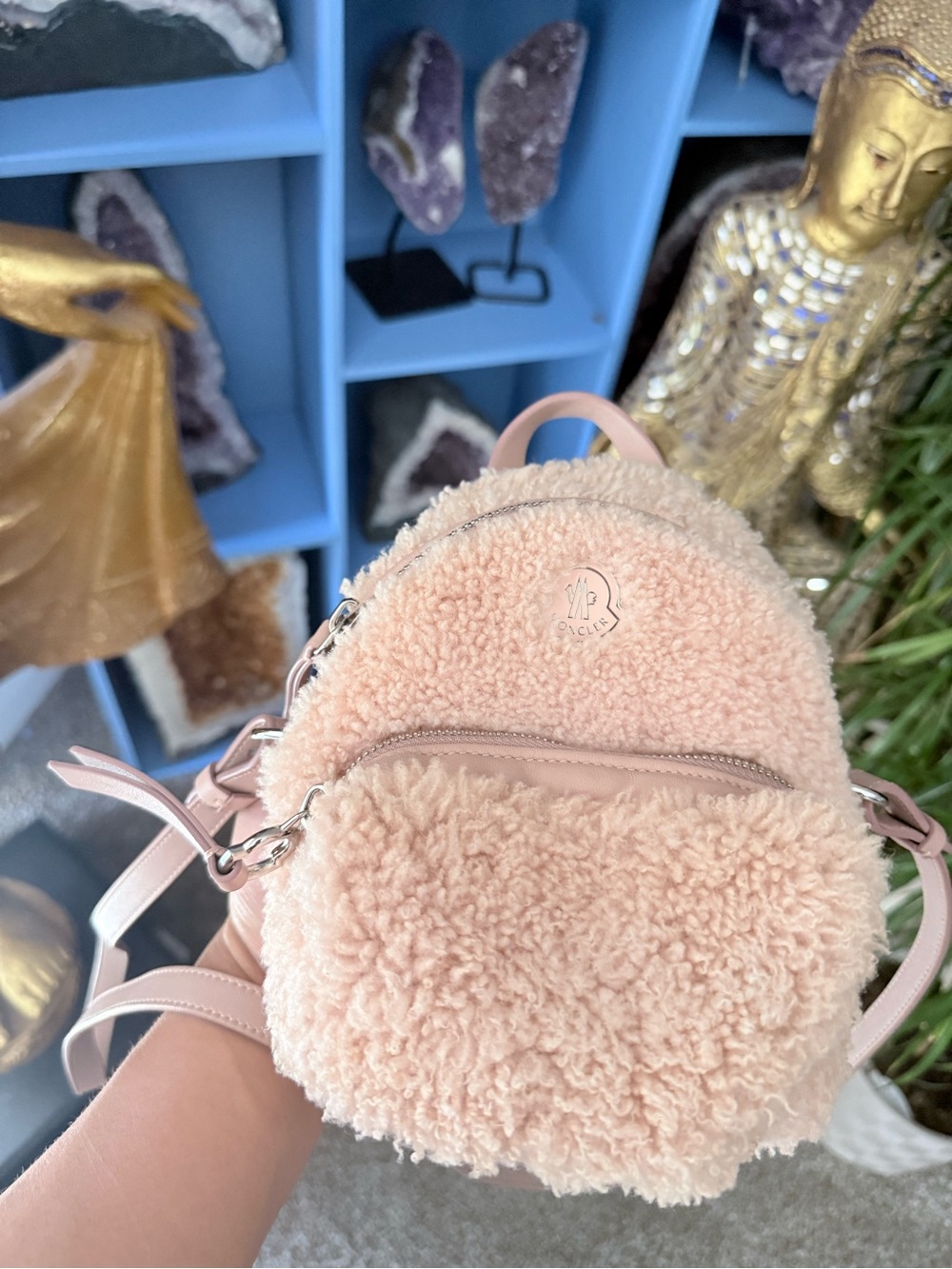 Moncler Pink Faux-Shearling Mini Backpack Crossbody